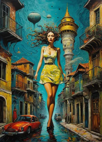 girl with a dolphin,surrealism,the sea maid,fantasy art,orientalism,the blonde in the river,surrealistic,woman with ice-cream,oil painting on canvas,fantasy picture,sea fantasy,pin-up girl,vintage art,travel woman,waterglobe,psychedelic art,girl on the river,italian painter,fantasy woman,woman walking,Conceptual Art,Daily,Daily 14