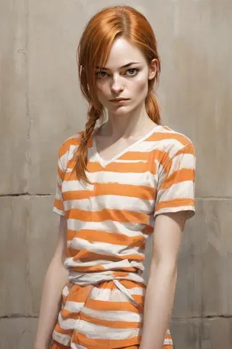 orange,clementine,prisoner,striped background,girl in t-shirt,orange color,horizontal stripes,orange half,mime,half orange,nora,pippi longstocking,portrait background,portrait of a girl,young woman,murcott orange,clary,bright orange,teen,rust-orange,Digital Art,Character Design