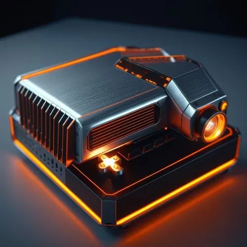 A retro futuristic projector with metallic body and orange buttons ,cinema 4d,3d render,garrison,3d rendered,3d model,projector,atari,atari 2600,portable radio,movie projector,render,3d rendering,ciga