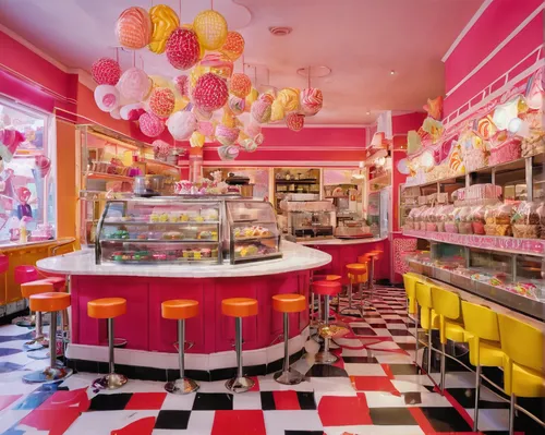 ice cream parlor,ice cream shop,pastry shop,candy shop,soda shop,candy bar,candy store,cake shop,soda fountain,pâtisserie,sugar factory,french confectionery,doll kitchen,confectionery,pink macaroons,bakery,sugar candy,pink ice cream,neon candies,sweet pastries,Photography,Documentary Photography,Documentary Photography 12