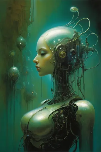 Imagine a futuristic society where artificial kidneys are the norm.,cybernetics,biomechanical,humanoid,cyberspace,deep sea diving,sci fiction illustration,neural network,corrosion,submersible,streampu