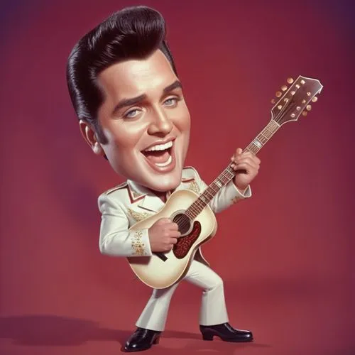 Caricature style drawing of a celebrity, big head, small body, exaggerated facial expressions. A 3D animated character resembling Elvis Presley, wearing a whiteA jumpsuit with red and gold accents, bl