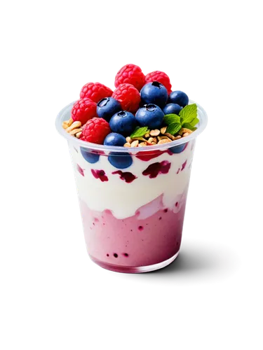 Yogurt cup, transparent background, white base, colorful mixed berries, blueberry, strawberry, raspberry, granola topping, shiny surface, rounded shape, 3/4 composition, soft natural light, warm color