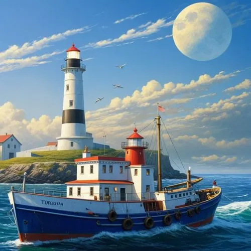 a fishing ship moves to the lighthouse, no cloud in the sky, no moon ,painting of a boat with lighthouse on a cliff,lighthouses,red lighthouse,schoolship,lighthouse,electric lighthouse,lightkeeper,Ill