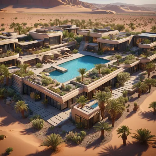 Create a luxurious oasis retreat in the heart of a desert. Incorporate elements such as cooling microclimates, shaded courtyards, and innovative water conservation techniques. Explore the interplay be