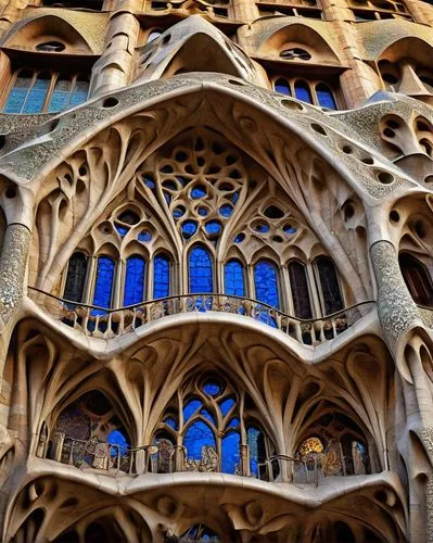 Sagrada Familia-inspired building, Gothic, intricate stone carvings, ornate facades, twisting columns, surreal shapes, dreamlike atmosphere, Barcelona, Spain, sunny day, dramatic lighting, high-angle 