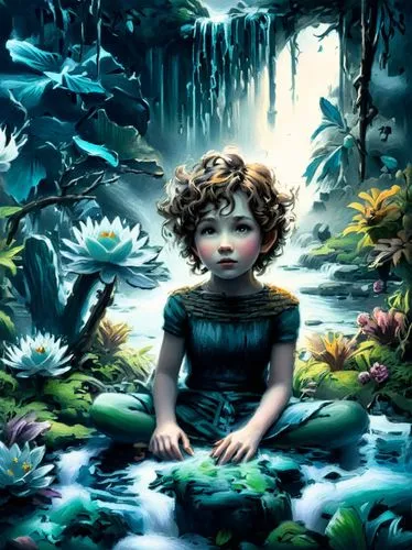 a painting of a child in a forest,bjork,water nymph,children's background,paciello,biophilia,little girl fairy,Illustration,Realistic Fantasy,Realistic Fantasy 25