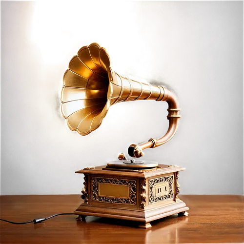 Golden gramophone, ornate details, metallic texture, vintage style, old-fashioned microphone, brown wood, intricate carvings, soft glowing lights, dimly lit background, 3/4 composition, shallow depth 