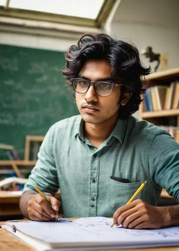 Bangladeshi architecture student, young adult, male/female, casual wear, glasses, messy hair, holding pencil and notebook, standing in front of a large drafting table, surrounded by architectural mode