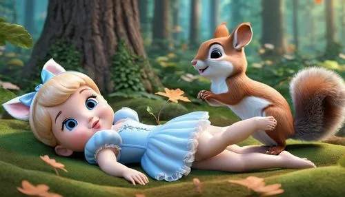 cute cartoon image,squirrels,chipettes,romantic scene,fairy tale,a fairy tale,squirreling,wonderfalls,thumbelina,fairy forest,squirreled,fairytale,girl and boy outdoor,woodland animals,squirell,fairy tale character,little fox,little boy and girl,squirrelly,fairytale characters,Unique,3D,3D Character