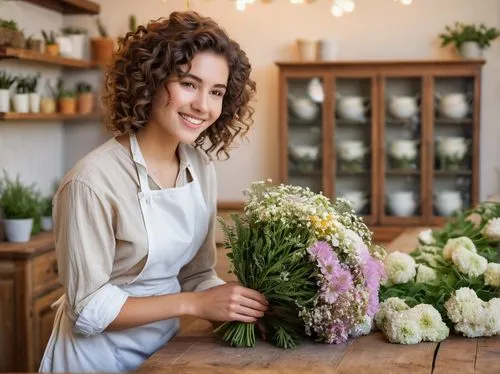 Floral shop, elegant lady, 25yo, curly brown hair, gentle smile, white apron, standing, arranging flowers, pastel color wall, wooden counter, glass display case, fresh flowers, bouquets, greenery, vas