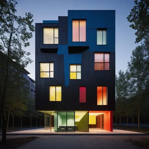 cubic house,cube house,modern architecture,apartment building,colorful facade,mondriaan,Photography,Documentary Photography,Documentary Photography 04