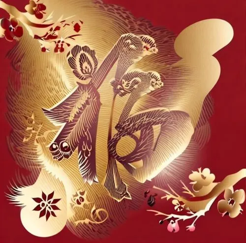 Spring Festival atmosphere, dragon head, gold, plum blossom, calligraphy, golden frosting, glitter, movie lighting, red background, award winning, masterpiece, high-quality, Spring Festival couplets,,