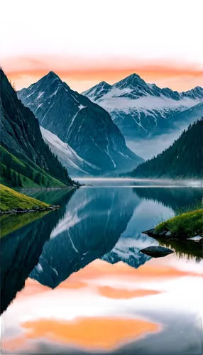 Majestic mountain landscape, snow-capped peaks, misty valleys, serene lake reflection, golden hour soft light, 3/4 composition, cinematic color grading, shallow depth of field, vibrant greenery, rugge