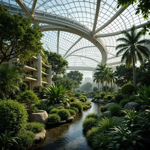 Organic botanical gardens, curvaceous glass roofs, lush tropical plants, natural ventilation systems, sustainable energy harvesting, misting irrigation systems, warm diffused lighting, 3/4 composition