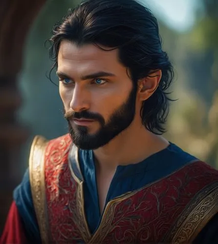 A black hair, bearded elven man with blue eyes wearing a crimson and gold tunic,male elf,athos,male character,elvan,thracian,thorin,east-european shepherd,thymelicus,biblical narrative characters,from