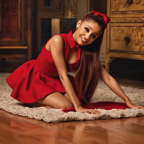 Ariana grande, Red Riding Hoodon all fours, on the floor cheerful, happy, radiant and smiling   ,  liberty cotton, romantic look,   agent provocateur   , beautiful, elegant, atmospheric,red bow,christ