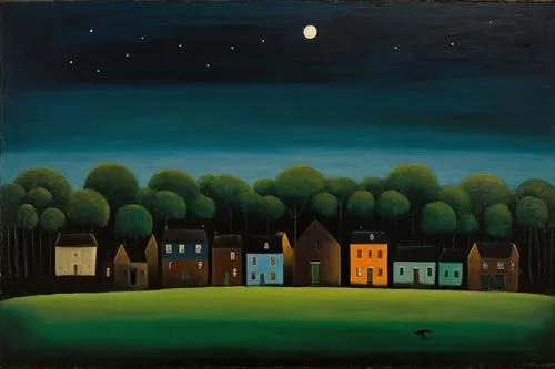 Using this photo I want to see a more contemporary version of this image. I wan the color scheme to be dark blue, dark green, brown and black.,painting on paper depicting night scene with trees and ho