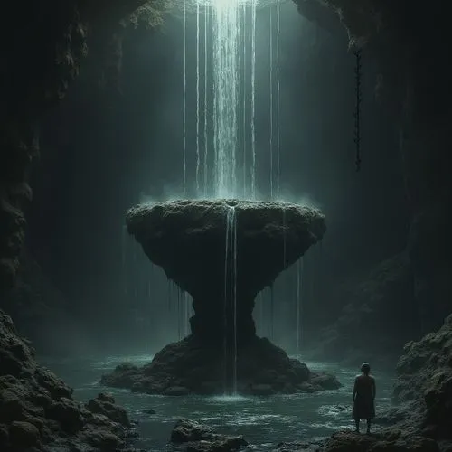 La escena de "La Fuente de la Sabiduría" surge ante los ojos como una visión oscura y poderosa. Desde lo alto, casi perdido en las sombras de una caverna titánica, siete finos chorros de agua brotan c