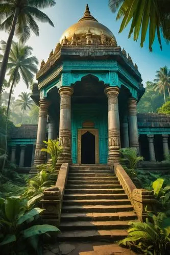 Elephant-shaped building, ancient Indian-inspired temple, intricate stone carvings, golden domes, majestic entrance, large pillars, vibrant turquoise accents, lush green surroundings, tropical plants,