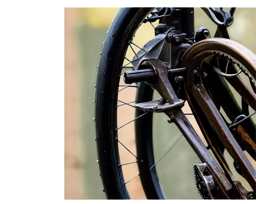 Vintage bicycle, shiny metal frame, brown leather seat, intricate gear system, rusty chain, worn-out pedals, old-fashioned bell, morning dew, soft sunlight, 3/4 composition, shallow depth of field, wa