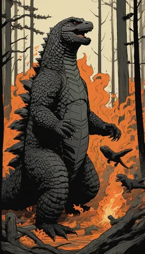 Imagine a heart-wrenching moment when Godzilla saves a group of endangered animals trapped in a burning forest.,godzilla,saurian,tree-rex,burned mount,trex,giant lizard,t rex,cyclura nubila,tyrannosau