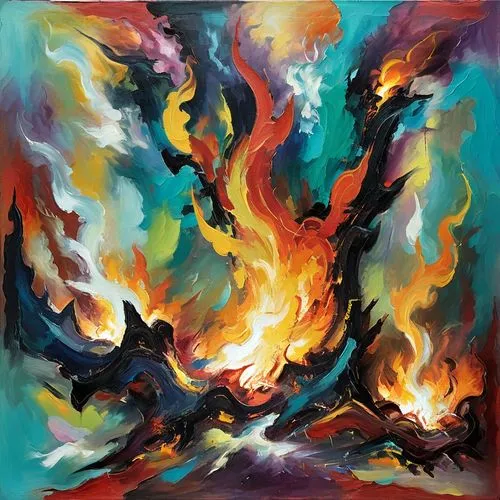 The firery furnace as in the bible,shadrach, meshach,and abednego,abstract painting of fire and water in vint colors,dancing flames,fire artist,fire dance,pyromania,fire background,firestorms,Conceptu