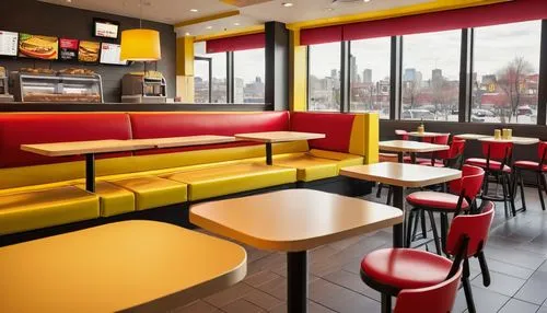 Modern McDonald's interior design, bright yellow and red branding colors, sleek metal tables, chairs with bold lines, digital menu boards, large windows with cityscape views, warm lighting, wooden acc