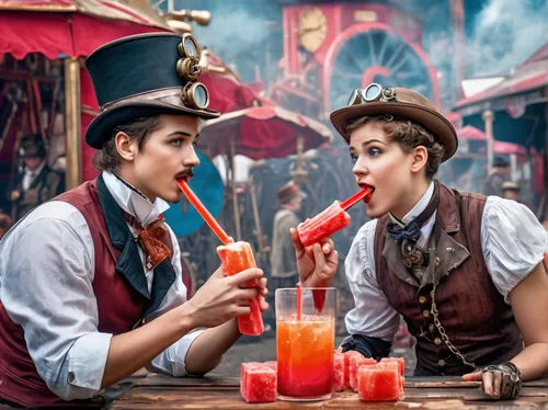 Craft a humorous dialogue between two friends having a messy red popsicle eating contest during a chaotic carnival.,ringmaster,circus show,cirque du soleil,vaudeville,cirque,soda fountain,fire-eater,f