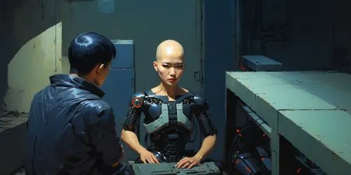 Man sitting with a cyborg terminator Asian bald beautiful woman, old tech room ,Misaki - Terminator Zero,jasinski,lyoko,gantz,shenmue,tonsure,cyberpunk,Conceptual Art,Sci-Fi,Sci-Fi 01