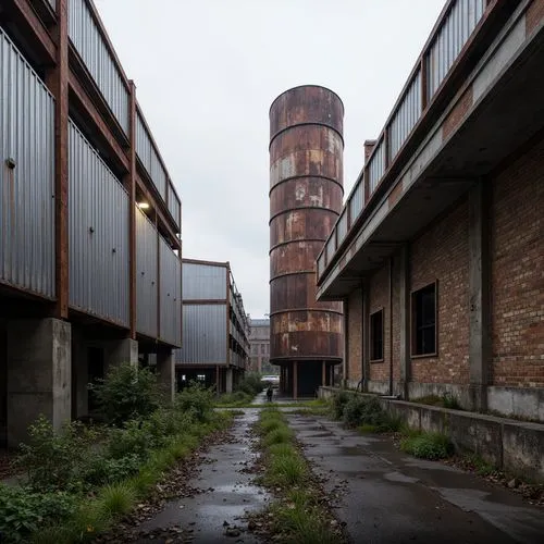 Industrial landscape, galvanized steel structures, metallic luster, corrugated surfaces, weathered patina, urban decay, abandoned factories, rusty tones, distressed textures, brutalist architecture, f