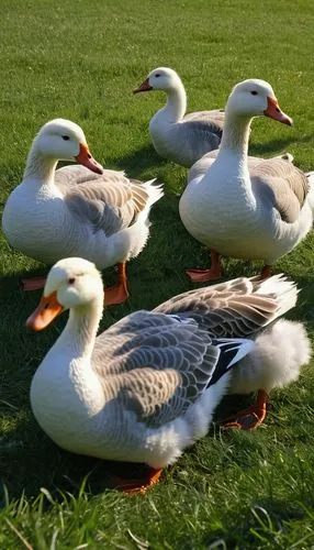 6 geese, laying down, green grass, sunny day, fluffy feathers, orange beaks, soft eyes, gentle movements, GIF animation, comedic effect, shallow depth of field, warm lighting, natural scenery, country