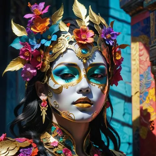 大闹天宫,a woman in a bright costume and flowered hair,venetian mask,masquerade,diablada,mascarade,the carnival of venice,baoshun,Photography,Artistic Photography,Artistic Photography 08