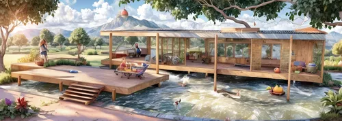 houseboat,landscape design sydney,floating restaurant,landscape designers sydney,pool house,3d rendering,eco hotel,garden design sydney,house by the water,floating huts,stilt houses,stilt house,tree house hotel,summer cottage,watercolor cafe,house with lake,boat house,floating market,floating islands,boathouse