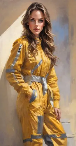 yellow jumpsuit,astronaut suit,spacesuit,space-suit,space suit,coveralls,astronaut,sprint woman,hazmat suit,protective suit,cosmonaut,jumpsuit,astronauts,painting technique,woman fire fighter,dry suit,astronautics,glider pilot,sci fiction illustration,oil painting,Digital Art,Impressionism