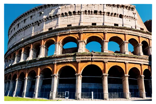 Colosseum, ancient Roman architecture, grand scale, intricate stone carvings, arches, columns, bright sunny day, clear blue sky, dramatic shadows, low-angle shot, symmetrical composition, warm color t