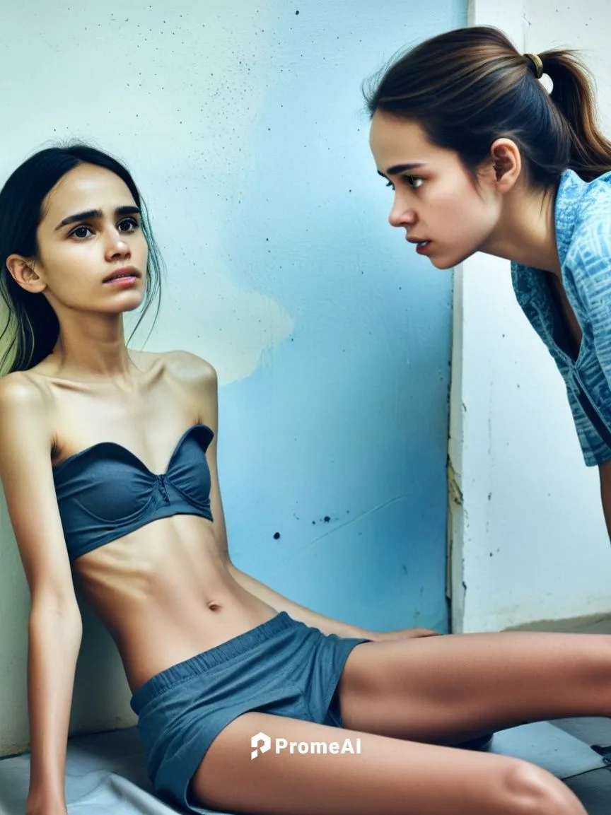 Hungerndes Mädchen in der Zufluchtsstätte,a girl sits on the ground next to another girl,anorexia,anorexics,anorexic,editorials,bulimia,womenswear