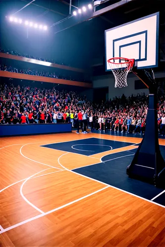 Sports stadium, indoor court, wooden floor, basketball hoop, net, ball bouncing, squeaking sneakers, cheering crowd, loud whistle, energetic atmosphere, dynamic lighting, shallow depth of field, vibra