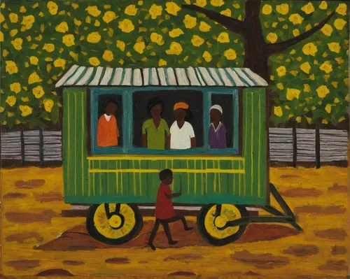 school bus,fruit stand,trolley train,schoolbus,rickshaw,cart of apples,fruit stands,farm workers,straw cart,fruit car,forest workers,trolley,juneteenth,jamaica,folk art,khokhloma painting,stagecoach,train ride,handcart,straw carts,Art,Artistic Painting,Artistic Painting 25