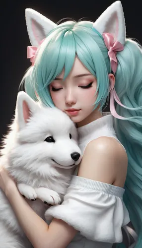 kitsune,hug,hugs,hugging,zzz,the dog a hug,miku,embrace,wolf couple,cuddle,hatsune miku,vocaloid,pillow,girl with dog,snuggle,sleeping rose,companion dog,samoyed,dog and cat,tenderness,Conceptual Art,Fantasy,Fantasy 11