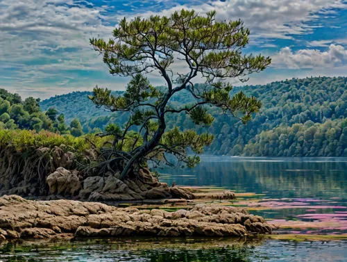 Impressionism in style of Monet, colorful, shades of green trees, more blue sky, sunset pink and violet clouds,watercolor pine tree,herman national park,natural landscape,lake colico,background view n