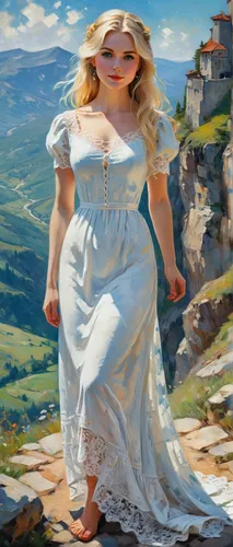 rapunzel,little girl in wind,tuscan,girl in a long dress,porcelaine,the blonde in the river,damascena,piemonte,cinderella,mayonaise,heidi country,la violetta,virgo,the spirit of the mountains,dulcinea,a girl in a dress,white lady,volterra,girl with cloth,jessamine,Conceptual Art,Oil color,Oil Color 10