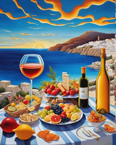 Imagine a romantic sunset picnic on a Greek island, with a bottle of retsina and a platter of Mediterranean delicacies.,mediterranean diet,sicilian cuisine,mediterranean cuisine,aperitif,mediterranean