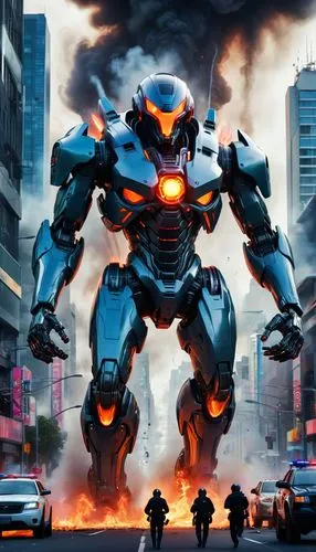 A giant humanoid mecha towering over buildings. The mecha has a bio-organic aesthetic. Incorporate scratches and dents on the mecha. Surrounded by smoke, fires, metal sparks and destruction. police ca