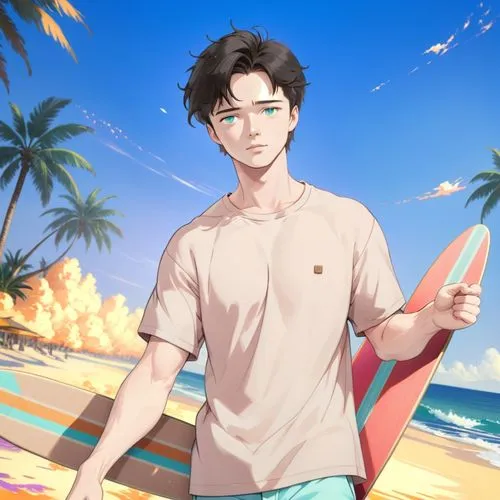 
 brown caesar hair, teen  patrick Schwarzenegger ,  holding skareboard,a man holds up a surfboard at the beach,beach background,summer background,haulover,maclachlan,bahama,oikawa,Anime,Anime,General