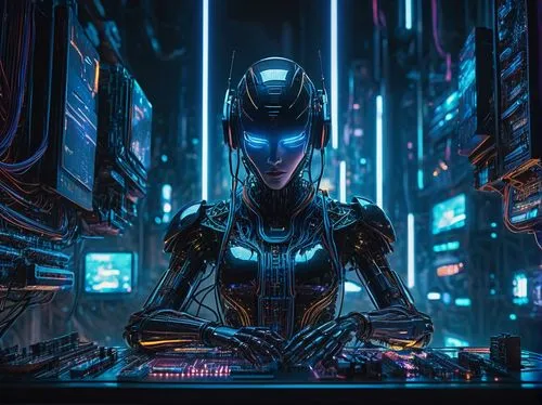 Cyberpunk futuristic, motherboard cityscape, intricate circuitry, microchips, glowing blue lines, neon lights, metallic structures, robotic arms, wires, cables, screens displaying code, futuristic lab