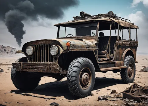 Write a thrilling story set in a post-apocalyptic world where an old vehicle becomes the key to survival.,gaz-53,artillery tractor,willys jeep truck,rust truck,dodge power wagon,dodge m37,vintage vehi