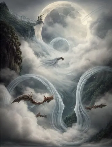 clouds and moonlight in the background, want to be able to see all the figures in picture,fantasy picture,fantasy landscape,fantasy art,japanese waves,nine-tailed,world digital painting,wind wave,chin