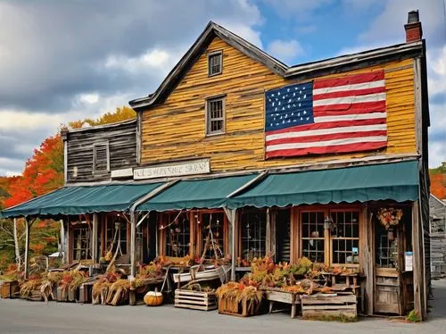 general store,vermont,yankeetown,jackson hole store fronts,clover hill tavern,chateaugay,americana,berkshires,mercantile,barkerville,schroon,saltbox,skowhegan,narrowsburg,fryeburg,roadhouses,farmstand,new england,tannersville,waldoboro,Illustration,Retro,Retro 22