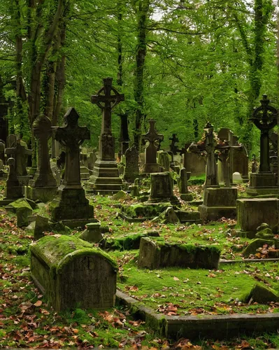 The decrepit graveyard came alive as the wind carried eerie whispers of the forgotten souls. Horrified, they felt a chilling presence.,forest cemetery,jewish cemetery,old graveyard,old cemetery,jew ce